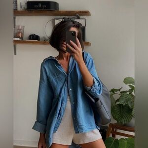 VINTAGE | Denim distressed cotton button up | size XL-XXL